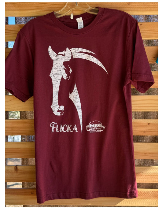 Adult Unisex Short Sleeve T-Shirt: "Flicka" in Maroon