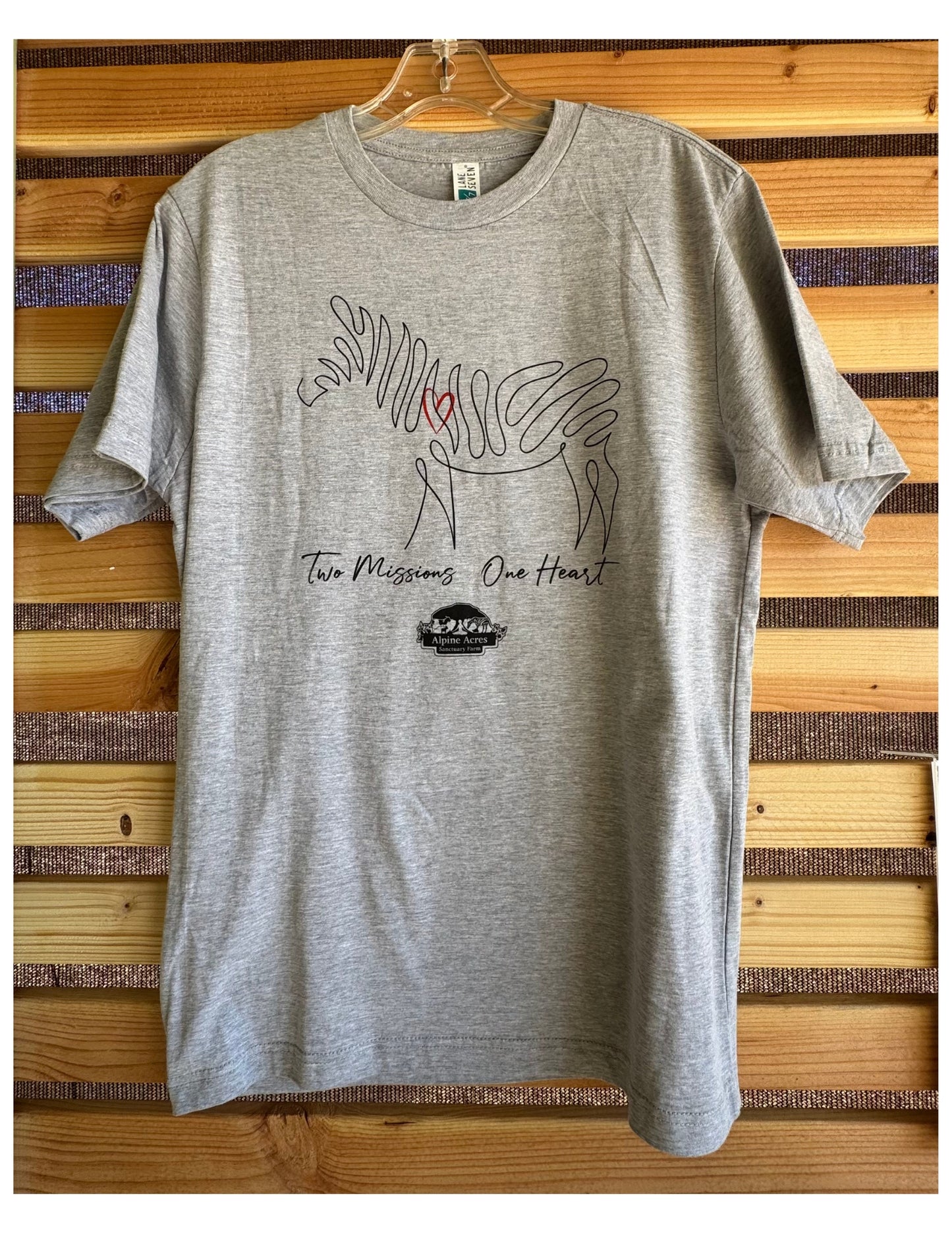 Adult Unisex Short Sleeve T-Shirt: "Two Missions One Heart" Zebra in Gray