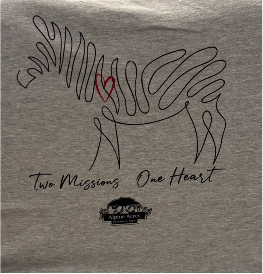 Adult Unisex Short Sleeve T-Shirt: "Two Missions One Heart" Zebra in Gray